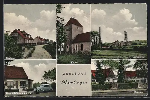 AK Remlingen, versch. Ansichten: Siedlung, Ehrenmal, Kirche, Salzbergwerk