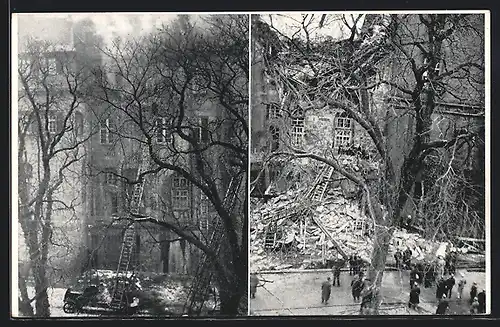 AK Stuttgart, Brand des Alten Schlosses 1931, Vor und nach der Einsturzkatastrophe