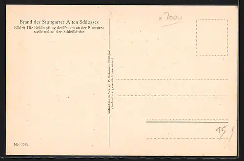 AK Stuttgart, Brand des alten Schlosses 1931, Feuerwehr beim Löschen