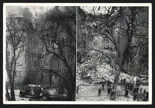 AK Stuttgart, Brand des Alten Schlosses 1931, Vor und nach der Einsturzkatastrophe