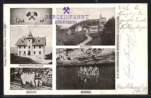 AK Dürrnberg, das K. u. K. Salzbergwerk, Gruben Anstaltsgebäude, Ausfahrt