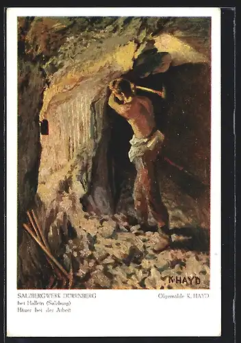 Künstler-AK Salzbergwerk Dürrnberg, Hauer bei der Arbeit