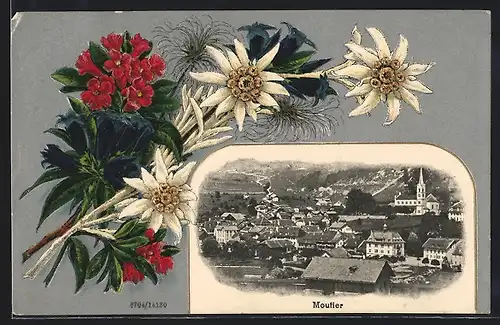Präge-AK Moutier, Blick auf den Ort, Edelweiss mit Enzian und Alpenrosen