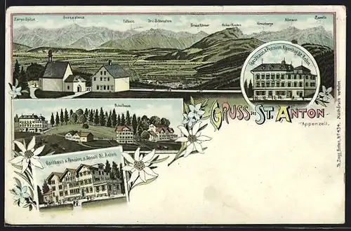 Lithographie St. Anton, Gasthaus Alpenhof und Gasthof zum Rössli, Schulhaus