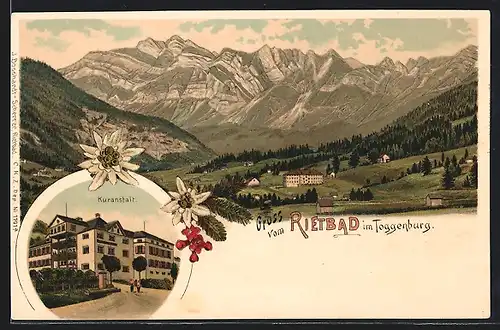 Lithographie Rietbad im Toggenburg, Hotel und Kuranstalt, Panorama mit Ort und Bergen