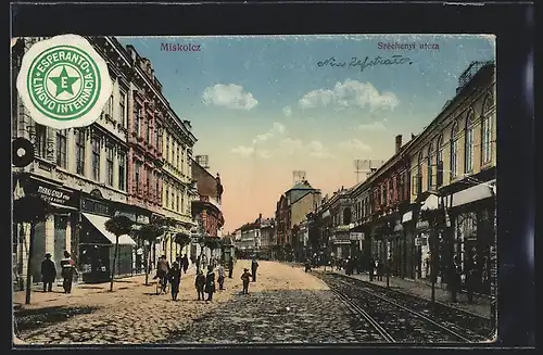 AK Miskolcz, Szechenyi utcza, Esperanto-Marke