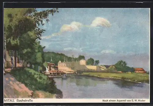 Künstler-AK Mitau, Bachstasse mit Brücke