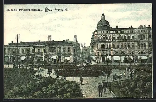 Künstler-AK Libau, Rosenplatz mit Strassenbahn