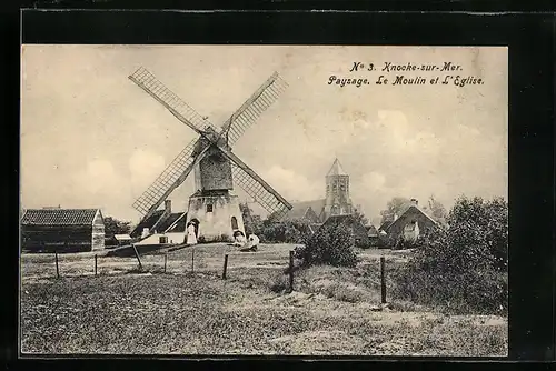 AK Knocke-sur-Mer, Paysage, Le Moulin et l`Eglise