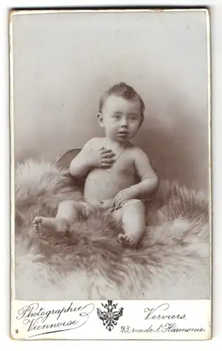 Fotografie A. Wientzen, Verviers, Rue de l`Harmonie 23, Nacktes Kleinkind mit Kette auf einem Fell sitzend