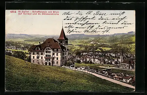 AK St. Gallen, Scheffelstein mit Blick auf Vonwyl und St. Othmarskirche