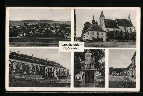 AK Natscheradetz / Naceradec, Denkmal, Kirche, Blick zum Ort, Pferdegespann