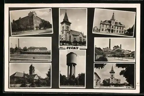 AK Pecky, Gebäudeansicht, Kirche, Bahnhof