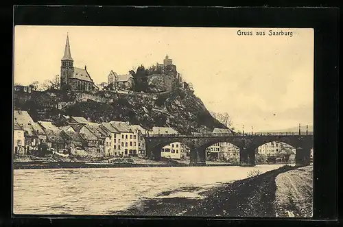 AK Saarburg, Ortsansicht mit Kirche