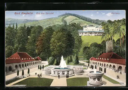 AK Bad Nauheim, Blick auf die drei Sprudel mit Kurhaus