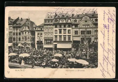 AK Mainz, Marktplatz und Brunnen