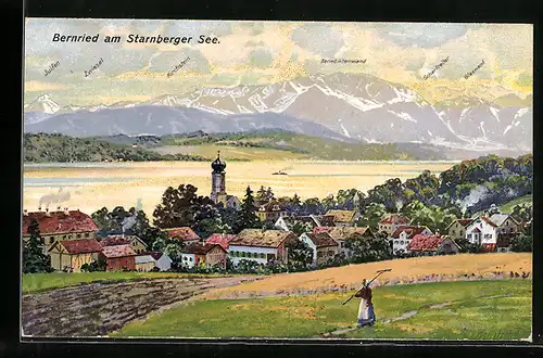 AK Bernried am Starnberger See, Totalansicht mit Juifan, Zwiesel, Kirchstein, Benediktenwand, Scharfreiter, Glaswand