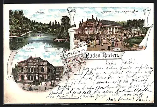 Lithographie Baden-Baden, Waldsee, Theater, Conversationshaus mit Musik-Kiosk