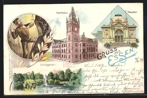 Lithographie Essen, Ansicht vom Rathaus, Theater, Stadtgarten