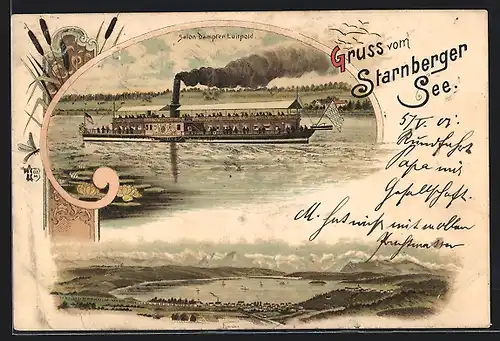 Lithographie Starnberg, Salon-Dampfer-Luitpold, Panorama