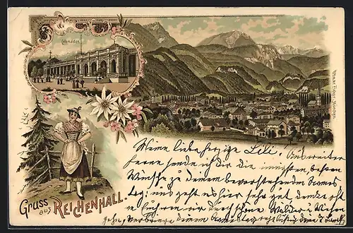 Lithographie Bad Reichenhall, Colonaden, Ortsansicht aus der Vogelschau, Frau in Tracht