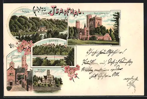 Lithographie Ebenhausen, Fischerschlössl, Burg Schwanek, Grünwald