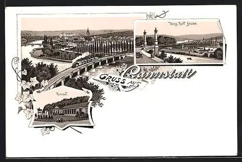 Lithographie Cannstatt, Panoramablick mit Eisenbahnbrücke, Kursaal & König Karl Brücke