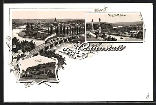 Lithographie Cannstatt, Panoramablick mit Eisenbahnbrücke, Kursaal & König Karl Brücke