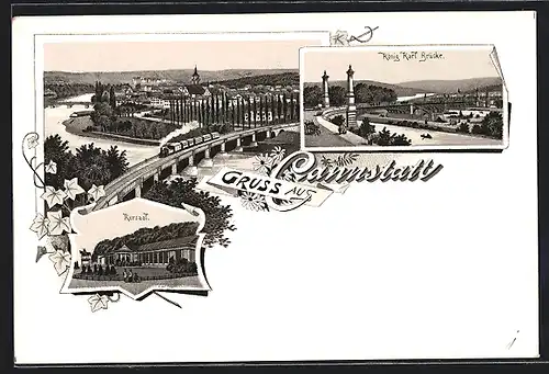 Lithographie Cannstatt, Panoramablick mit Eisenbahnbrücke, Kursaal & König Karl Brücke
