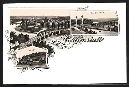 Lithographie Cannstatt, Panoramablick mit Eisenbahnbrücke, Kursaal & König Karl Brücke