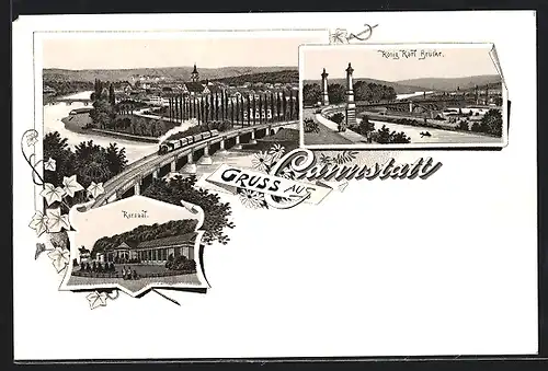 Lithographie Cannstatt, Panoramablick mit Eisenbahnbrücke, Kursaal & König Karl Brücke