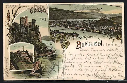 Lithographie Bingen, Schweizerhaus, Burg, Ortsansicht