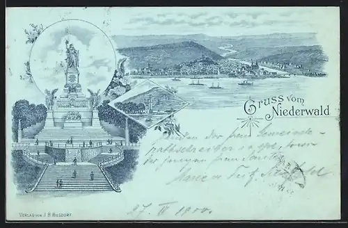 Lithographie Niederwald, Panorama, Niederwalddenkmal mit Treppen