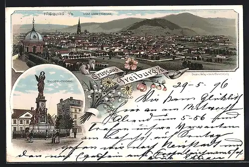 Lithographie Freiburg, Ortsansicht vom Lorettoberg, Siegesdenkmal mit Besuchern