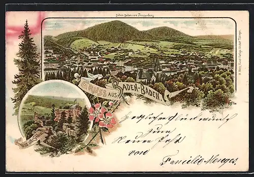 Vorläufer-Lithographie Baden-Baden, 1893, Teilansicht vom Friesenberg aus, Das alte Schloss