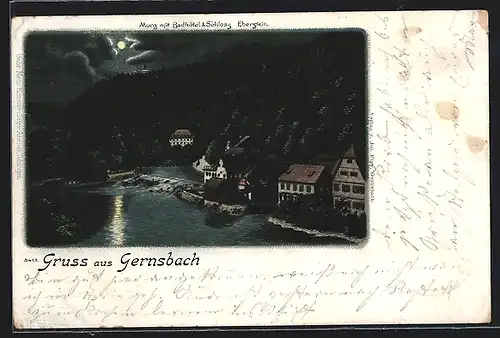 Lithographie Gernsbach, Murg mit Badhotel & Schloss Eberstein bei Vollmond