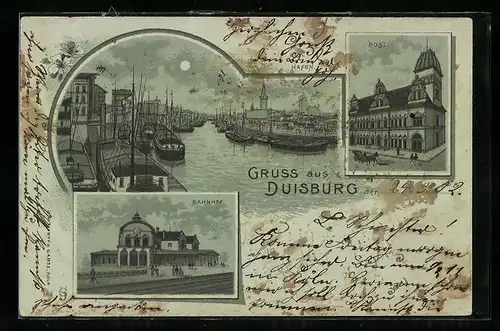 Lithographie Duisburg, Bahnhof, Hafen, Post