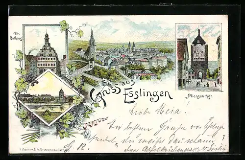 Lithographie Esslingen, Alt-Rathaus, Pliensautor, Uferpartie