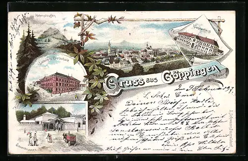 Lithographie Göppingen, Latein- und Realschule, Sauerbrunnen, Krankenhaus, Hohenstaufen um 1900