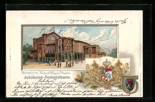 Passepartout-Lithographie Bayreuth, Richard-Wagner-Theater, Jubiläums-Festspielkarte, Wappen