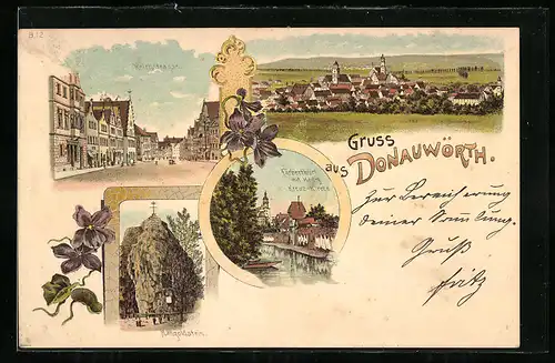 Lithographie Donauwörth, Färberthürl mit Heilig Kreuz-Kirche, Mangoldstein, Reichstrasse