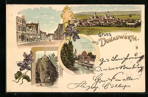 Lithographie Donauwörth, Färberthürl mit Heilig Kreuz-Kirche, Mangoldstein, Reichstrasse