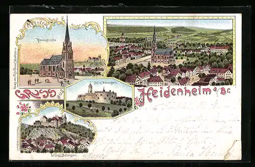 Lithographie Heidenheim a. Br., Pauluskirche, Schloss & Ruine Hellenstein