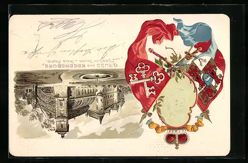 Passepartout-Lithographie Regensburg, Fürstlich Thurn u. Taxis Palais, Wappen