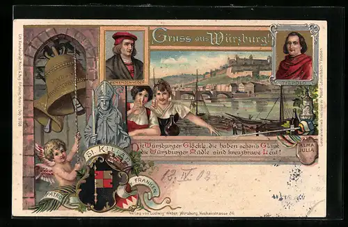 Lithographie Würzburg, Stadtansicht mit Schloss, Tiepolo, Riemenschneider, Wappen, St. Kilian, Engel mit Glocke