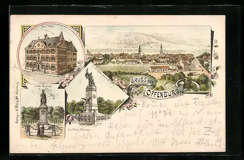 Lithographie Offenburg, Rathaus, Drake-Denkmal, Krieger-Denkmal