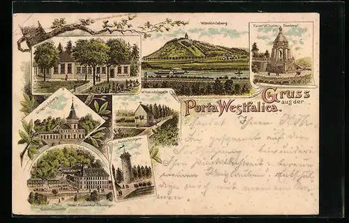 Lithographie Porta Westfalica, Gasthaus zur Kapelle, Hotel Kaiserhof