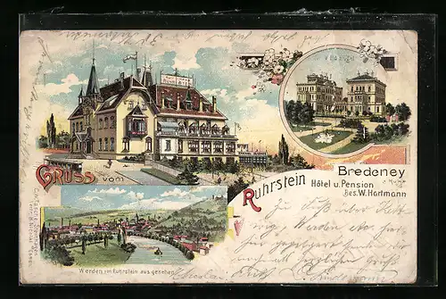 Lithographie Bredeney, Villa Hügel, Kurhaus Ruhrstein, Hotel & Pension W. Hartmann