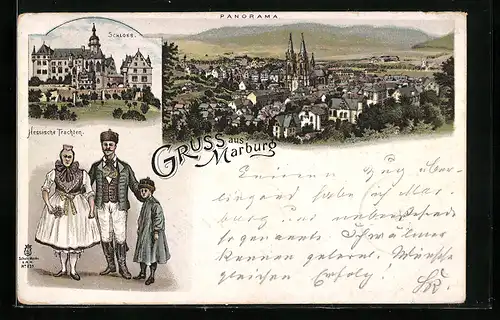 Lithographie Marburg, Schloss, Hessische Trachten, Panorama