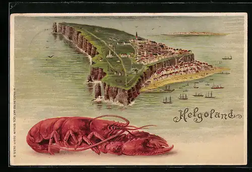 Lithographie Helgoland, Ortsansicht mit Hummer